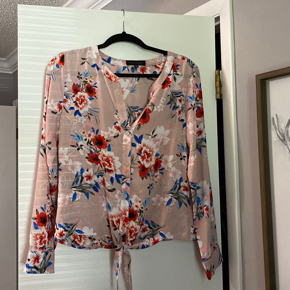 floral cottagecore pink blouse with tie waist size small